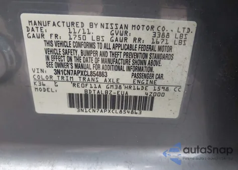 2012 Nissan Versa 1.6 Sv from USA, damaged, VIN 3N1CN7APXCL854863